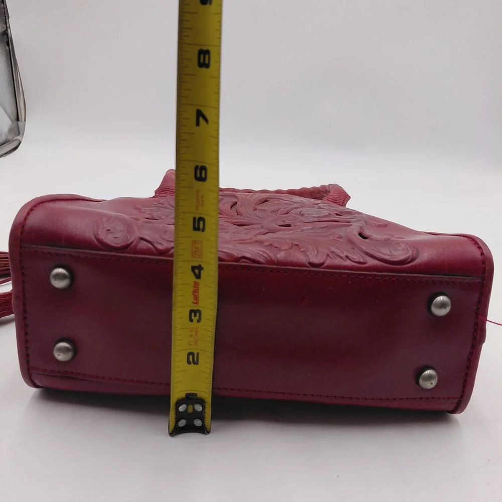 Patricia Nash Red Tooled Leather Satchel Crossbody Bag Floral Cutout Tassel
